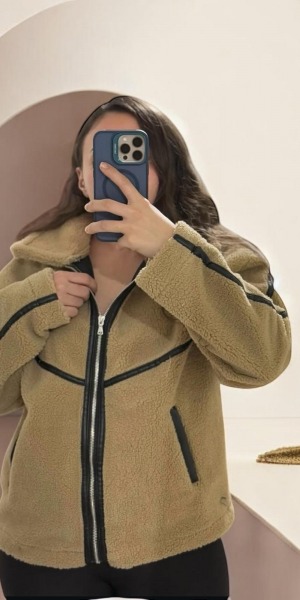KREM DERİ ÇİZGİLİ TEDYY MONT