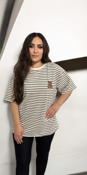 Ayı işlemeli Çizgili t-shirt
